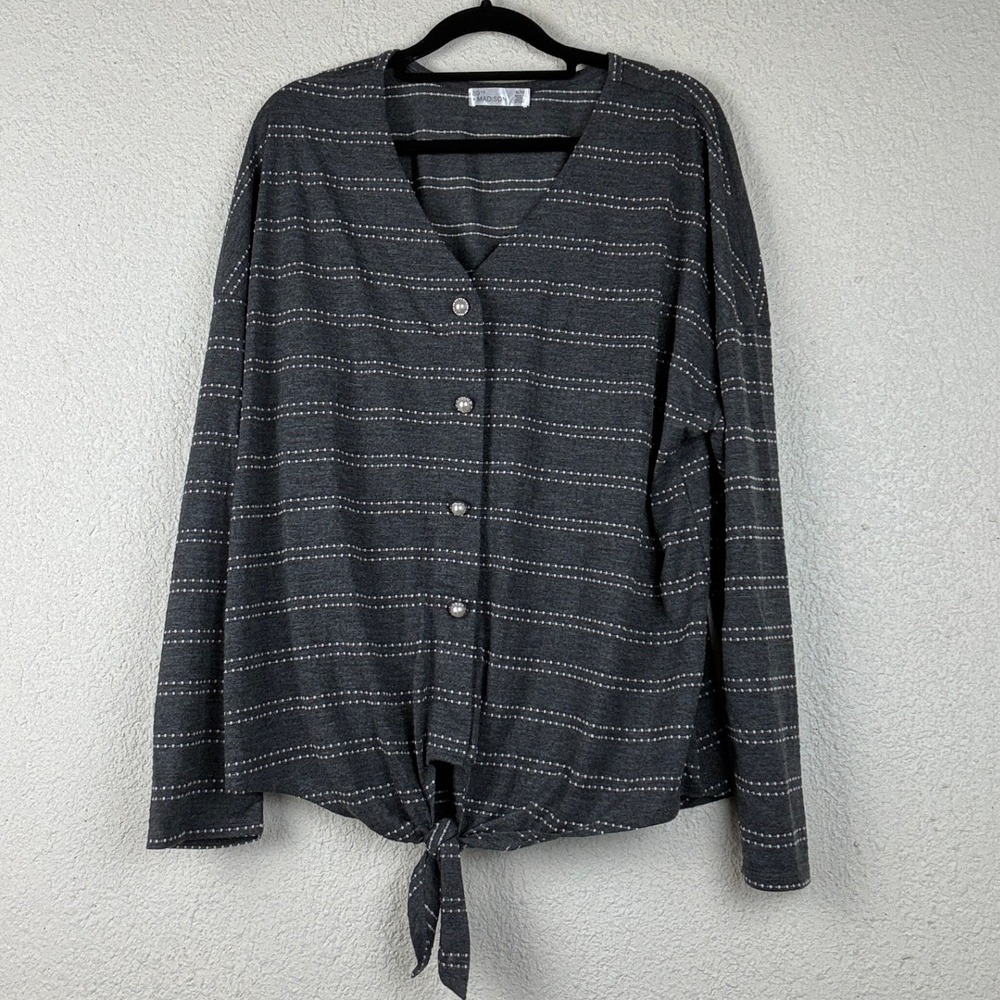 89th + Madison Grey Cardigan - XL - Striped Pearl Button Tie Front Boho Casual